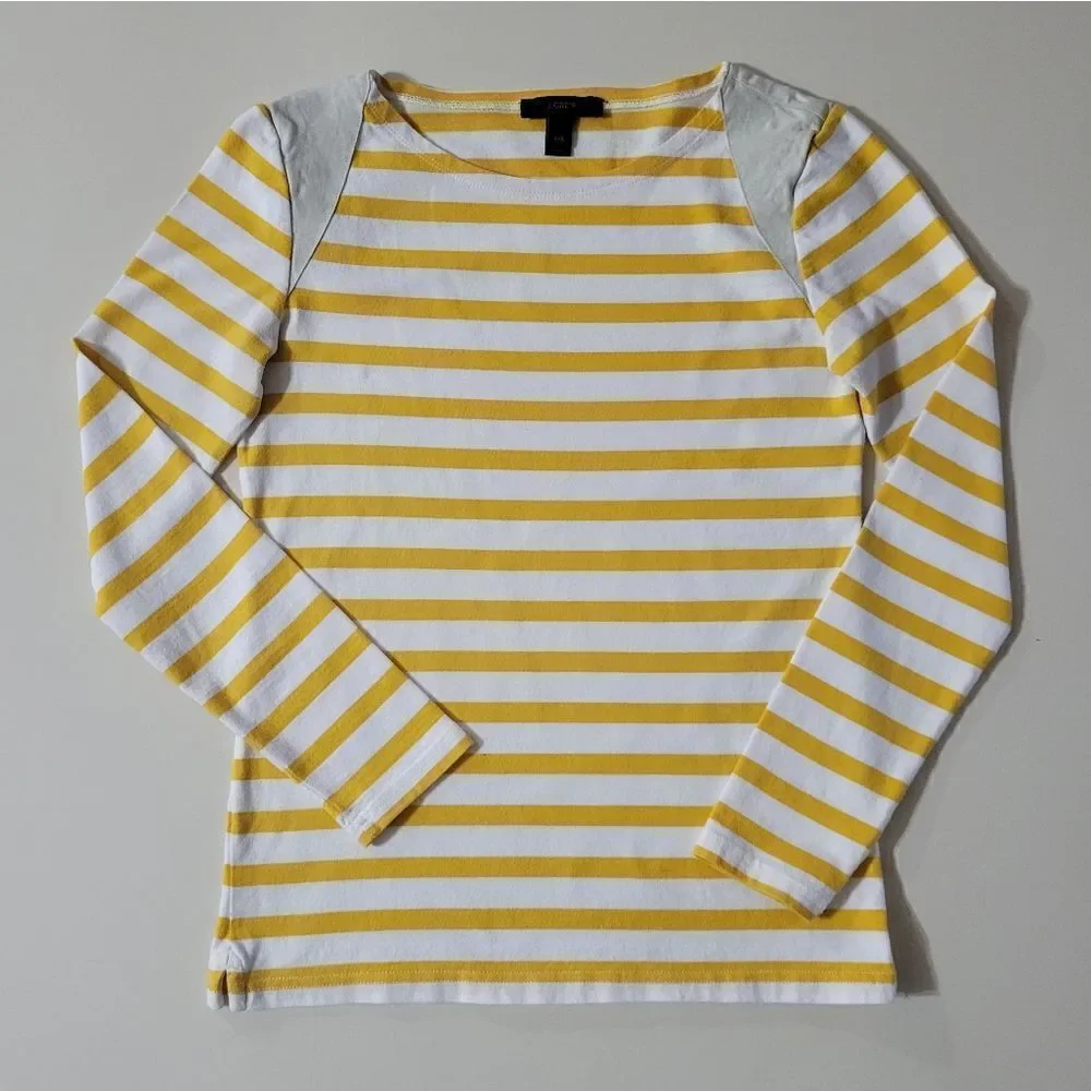 J.Crew Women's Crewneck Yellow Stripe Suede Shoulder Long Sleeve Pullover Top